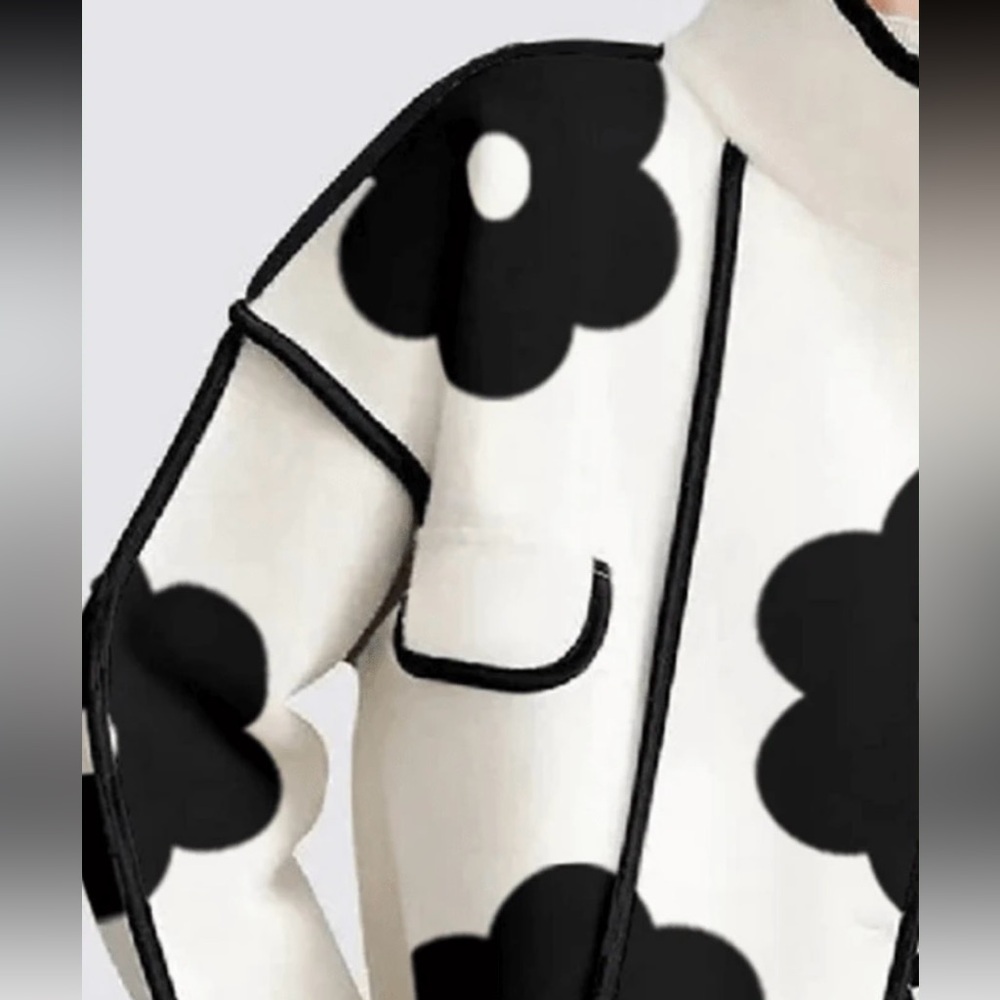 Floral Black and White High Collar Button Women's Coat Jacket - Picture 3 of 4